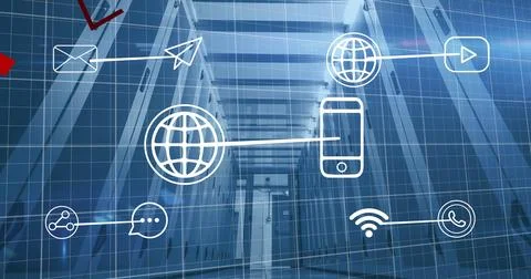 Image of statistical data processing and multiple digital icons against computer 스톡 사진