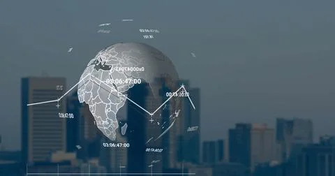 Image of statistical data processing and numbers over spinning globe against Stock Photos