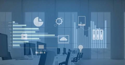 Image of statistical data processing and digital icons against empty office Foto stock