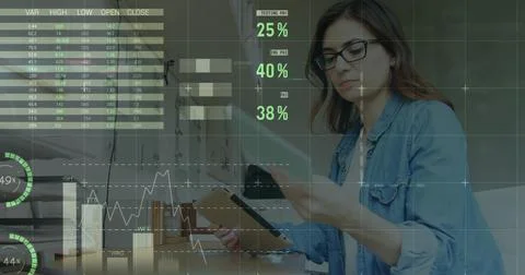 Image of statistical data processing on caucasian woman reading document using Stock Photos