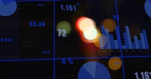 Image of statistical data processing on grid network against spots of light.. Stock Photos