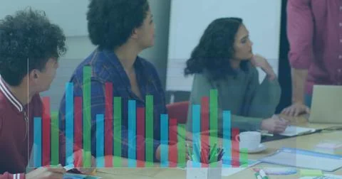 Image of statistical data processing on mid section of man discussing with Foto stock