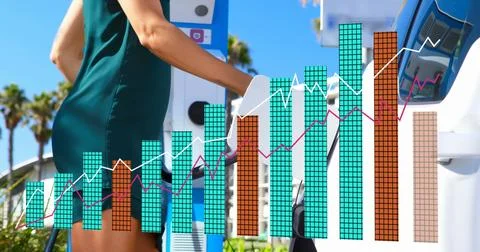 Image of statistical data processing on mid section of woman charging her Stock Photos