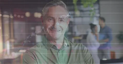 Image of statistical data processing, numbers over portrait of caucasian man Stock Photos