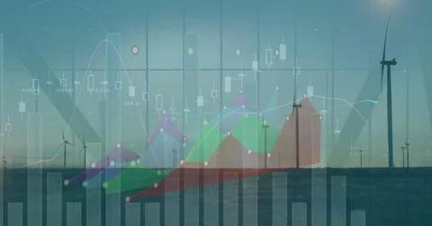 Image of statistical data processing over spinning windmills on grassland Stockillustratie