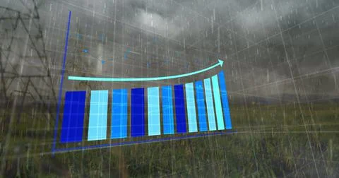 Image of statistical data processing over thunderstorm and rain falling over Stock Illustration