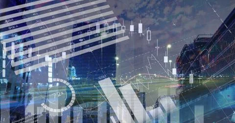Image of statistical data processing over city traffic at night against tall Ilustração Stock