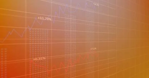 Image of statistical data processing over grid network against orange gradient Stock Illustration