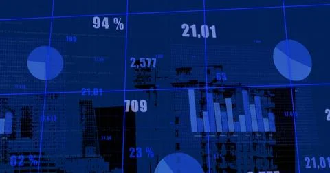 Image of statistical data processing over grid network against tall buildings Stockillustratie