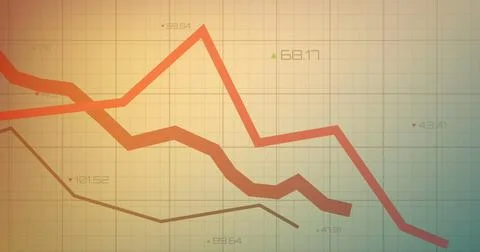 Image of statistical data processing over grid network against orange gradient Stock Illustration