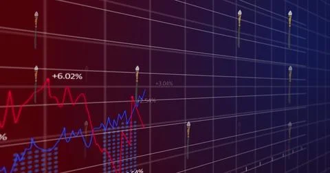 Image of statistical data processing over grid network against purple gradient Stock Illustration