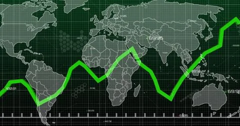 Image of statistical data processing over world map against green background Stock Illustration