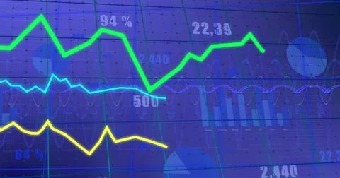 Image of statistical data processing over grid network against blue background Stock Illustration