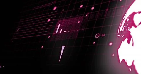 Image of statistical data processing over grid network against black background Stockillustratie