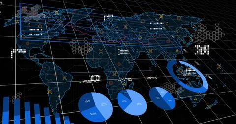 Image of statistical data processing over grid network against black background Stock Illustration