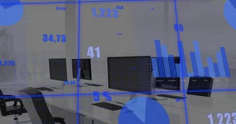 Image of statistical data processing over grid network against empty office Illustrazione stock