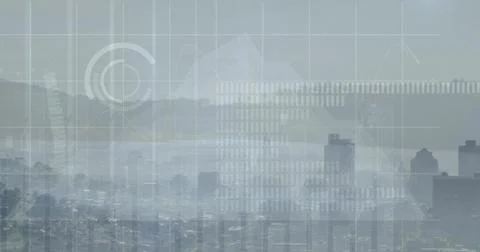 Image of statistical data processing over grid network against aerial view of Ilustración de archivo