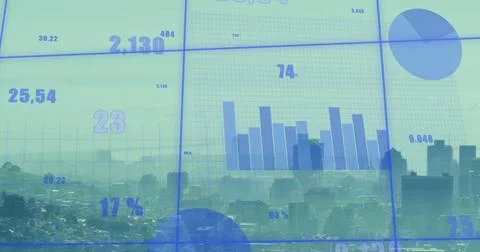Image of statistical data processing over grid network against aerial view of Ilustración de archivo