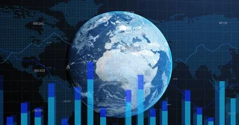 Image of statistical data processing over globe against world map on blue Illustrazione stock