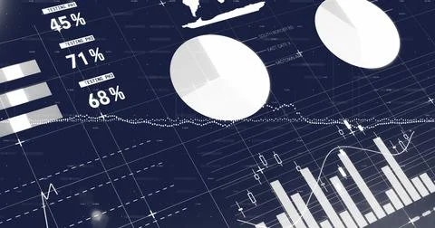 Image of statistical data processing over grid network against blue background Stockillustratie