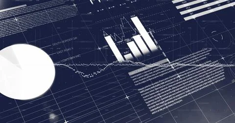 Image of statistical data processing over grid network against blue background Illustrazione stock