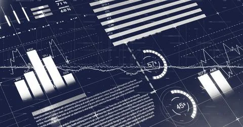 Image of statistical data processing over grid network against blue background Illustrazione stock