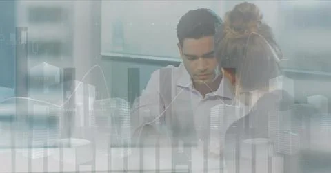 Image of statistical data processing over diverse man and woman shaking hands at Stock Illustration