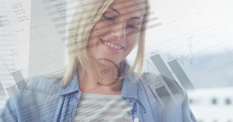 Image of statistical data processing over caucasian woman smiling while using Stock Illustration