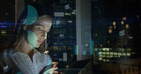 Image of statistical data processing over caucasian woman using tablet working Stock Illustration