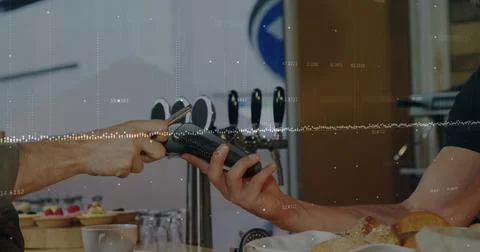 Image of statistical data processing over caucasian man making a payment by 库存插图