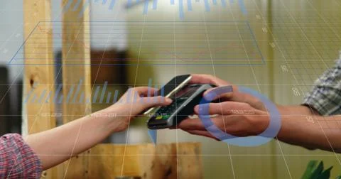Image of statistical data processing over caucasian woman making a payment by Illustrazione stock