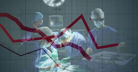 Image of statistical data processing over team of surgeons performing operation 스톡 일러스트