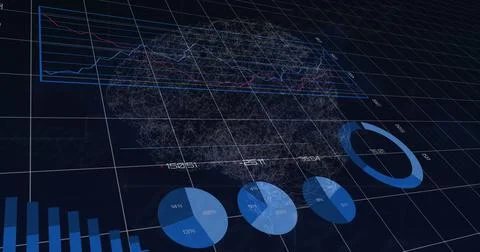 Image of statistical data processing over spinning human brain against blue Stock Illustration