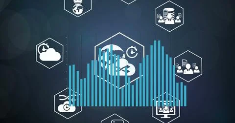 Image of statistical data processing over digital icons against light spot on Stockillustratie