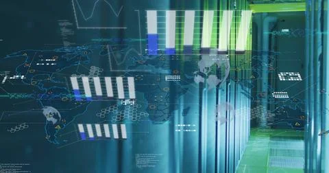 Image of statistical data processing over world map against computer server room 스톡 사진