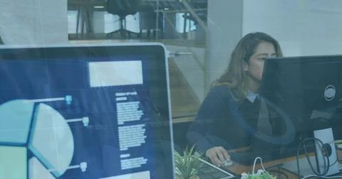 Image of statistical data processing over biracial woman using computer at 스톡 사진