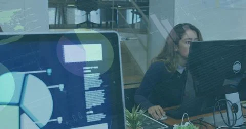 Image of statistical data processing over biracial woman using computer at Stockfoto's