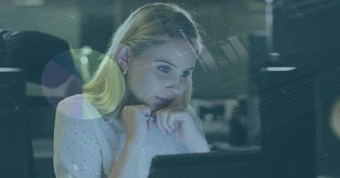 Image of statistical data processing over thoughtful caucasian woman looking at Stock Photos