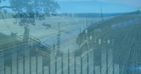 Image of statistical data processing over construction site against aerial view Stock Photos