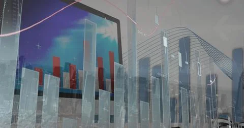 Image of statistical data processing over computer against aerial view of 스톡 사진