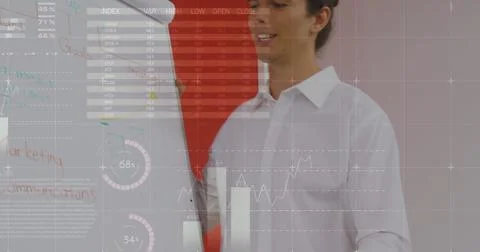 Image of statistical data processing over caucasian man giving a presentation at Stock Photos