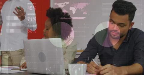 Image of statistical data processing over caucasian man giving a presentation at Stock Photos