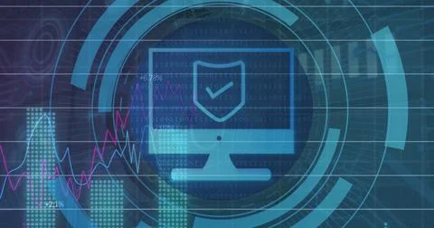 Image of statistical data processing over computer icon on round scanner ag.. Stock Photos