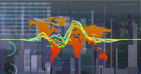 Image of statistical data processing over world map against aerial view of Foto stock