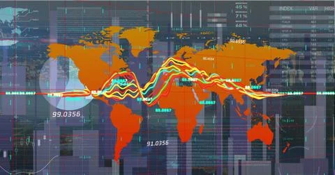 Image of statistical data processing over world map against aerial view of Stock Photos