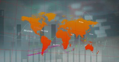 Image of statistical data processing over world map against poker chips ad Stock Photos