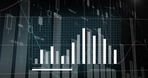 Image of statistical data processing over world map against black background Foto stock