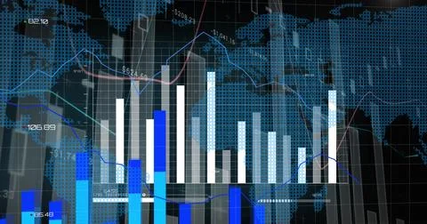 Image of statistical data processing over world map against black background Stock Photos