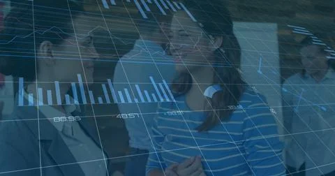 Image of statistical data processing over two diverse businesswomen discussing Stockfoto's