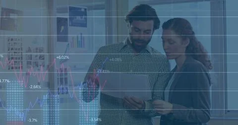Image of statistical data processing over caucasian man and woman discussing Stock Photos
